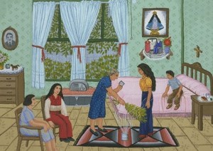 An example of a full cleansing by a curandera. The herb brush is passed around the body with prayers for cleansing.