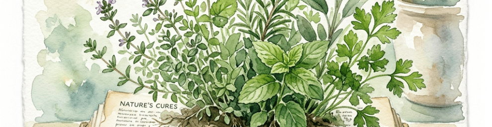 Open book with illustrations and roots of thyme and mint herbs growing from the pages