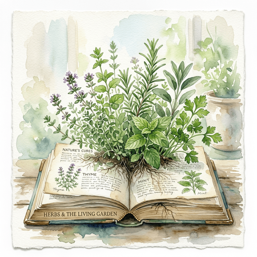 Open book with illustrations and roots of thyme and mint herbs growing from the pages